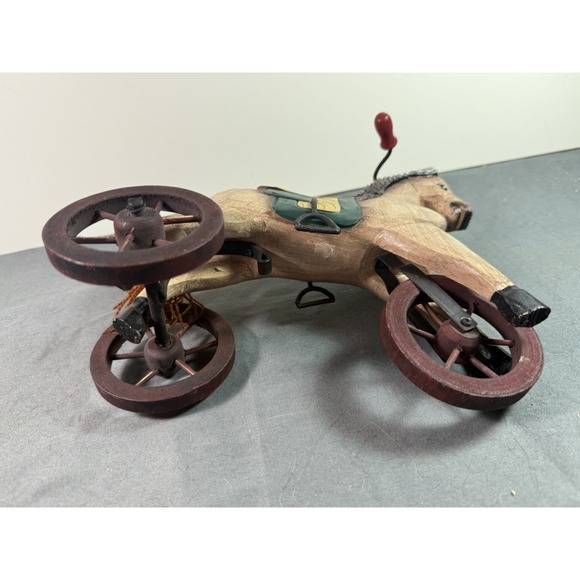 ANTIQUE VINTAGE HAND-CARVED and Painted WOODEN HORSE TRICYCLE DECOR SCULPTURE - Picture 3 of 8